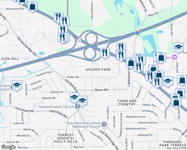 map of restaurants, bars, coffee shops, grocery stores, and more near 2511 Fred Smith Road in Tallahassee