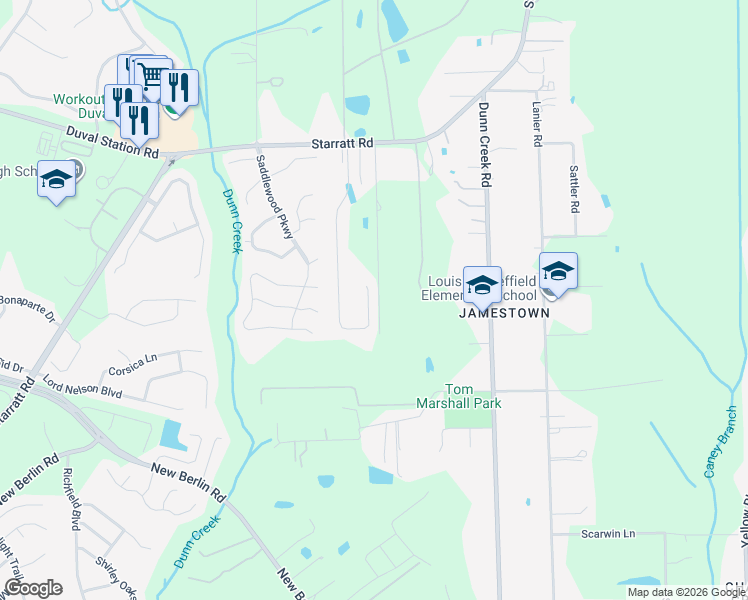 map of restaurants, bars, coffee shops, grocery stores, and more near 13256 Avery Park Lane in Jacksonville