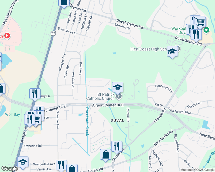 map of restaurants, bars, coffee shops, grocery stores, and more near 501 Tidal Wave Lane in Jacksonville
