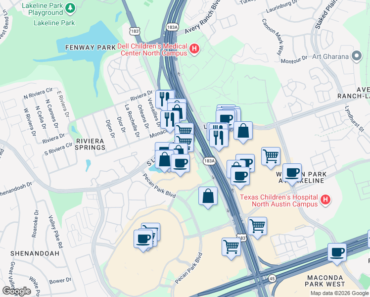 map of restaurants, bars, coffee shops, grocery stores, and more near 14028 U.S. 183 in Austin