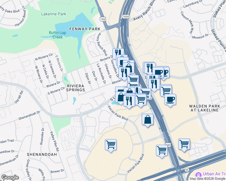 map of restaurants, bars, coffee shops, grocery stores, and more near 2910 South Lakeline Boulevard in Austin