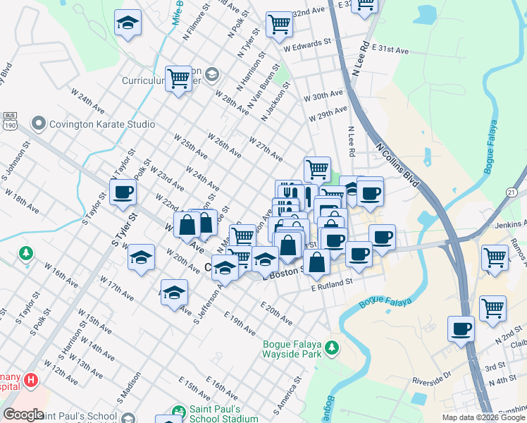 map of restaurants, bars, coffee shops, grocery stores, and more near 404 North Jefferson Avenue in Covington