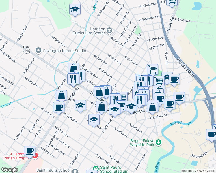 map of restaurants, bars, coffee shops, grocery stores, and more near 321 West 23rd Avenue in Covington