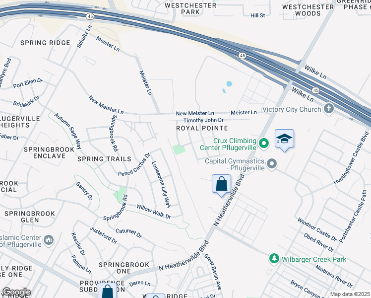 map of restaurants, bars, coffee shops, grocery stores, and more near 18708 Candace Loop in Pflugerville
