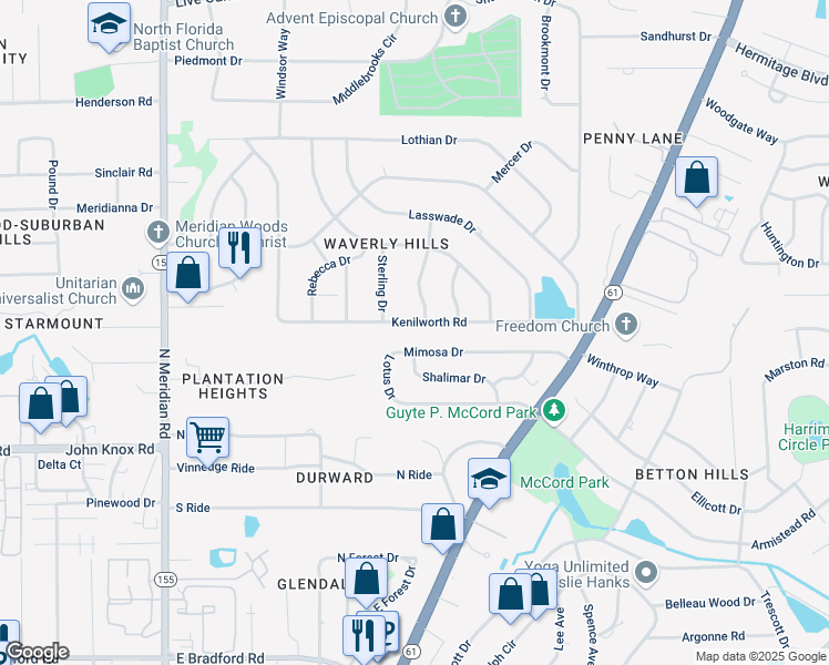 map of restaurants, bars, coffee shops, grocery stores, and more near 903 Kenilworth Road in Tallahassee