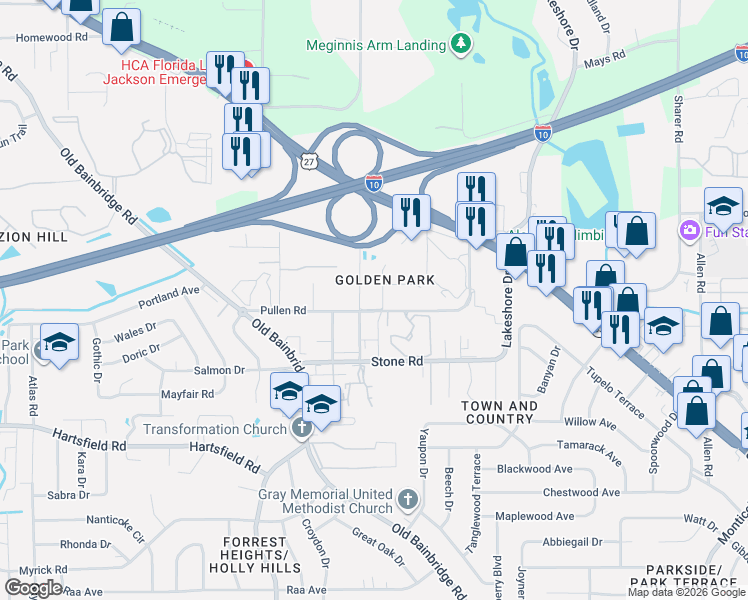 map of restaurants, bars, coffee shops, grocery stores, and more near 2511 Fred Smith Road in Tallahassee