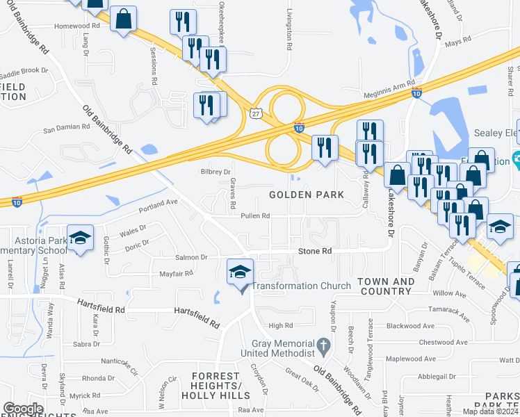 map of restaurants, bars, coffee shops, grocery stores, and more near 1520 Pullen Road in Tallahassee