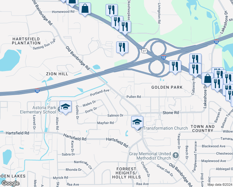 map of restaurants, bars, coffee shops, grocery stores, and more near 1600 Pullen Road in Tallahassee