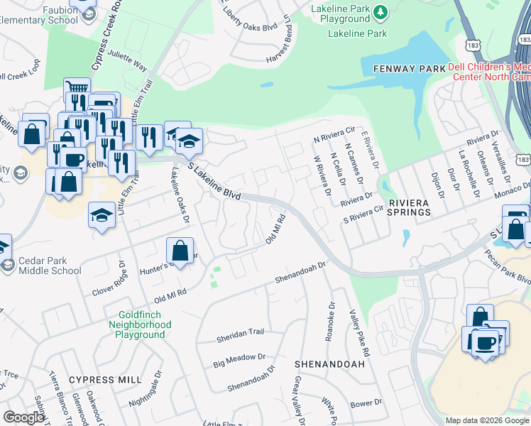map of restaurants, bars, coffee shops, grocery stores, and more near 2211 South Lakeline Boulevard in Cedar Park
