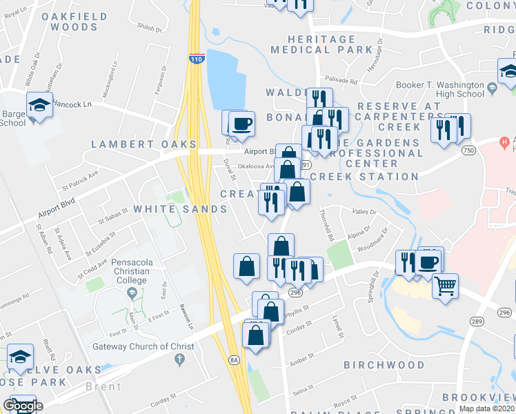 map of restaurants, bars, coffee shops, grocery stores, and more near 5519 Shell Street in Pensacola