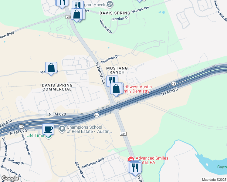 map of restaurants, bars, coffee shops, grocery stores, and more near 9226 West Parmer Lane in Austin