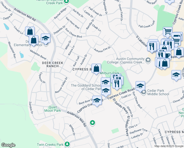 map of restaurants, bars, coffee shops, grocery stores, and more near 1711 Lion-Heart Drive in Cedar Park