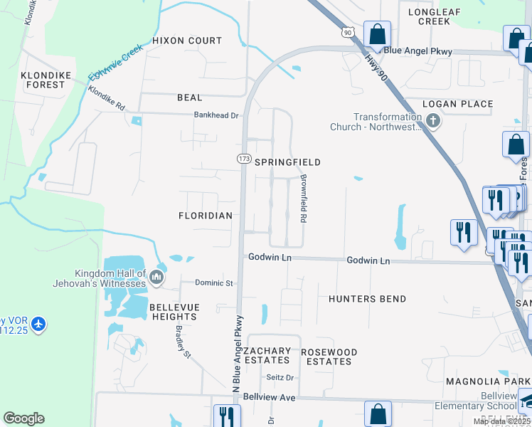map of restaurants, bars, coffee shops, grocery stores, and more near 3024 Flintlock Drive in Pensacola