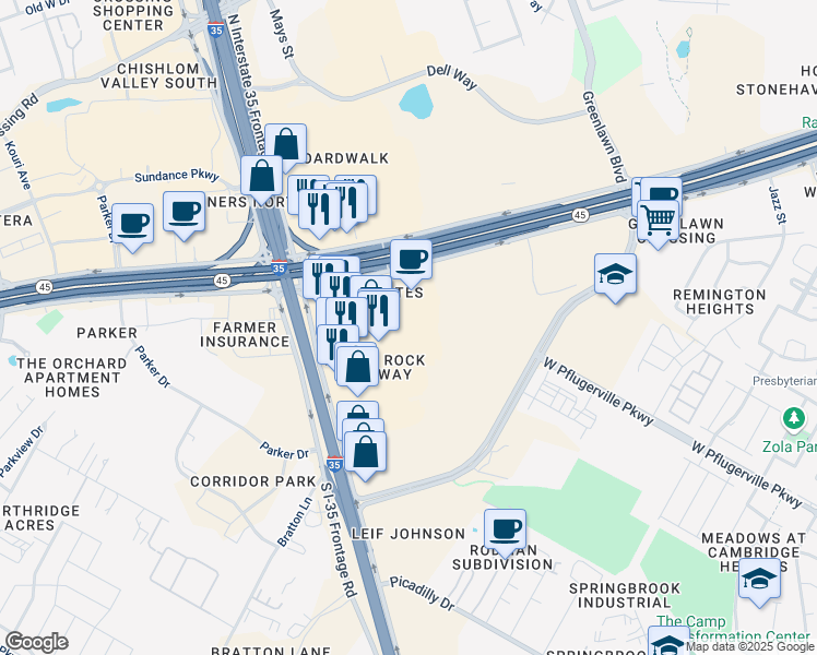 map of restaurants, bars, coffee shops, grocery stores, and more near 3021 South Interstate 35 Frontage Road in Round Rock