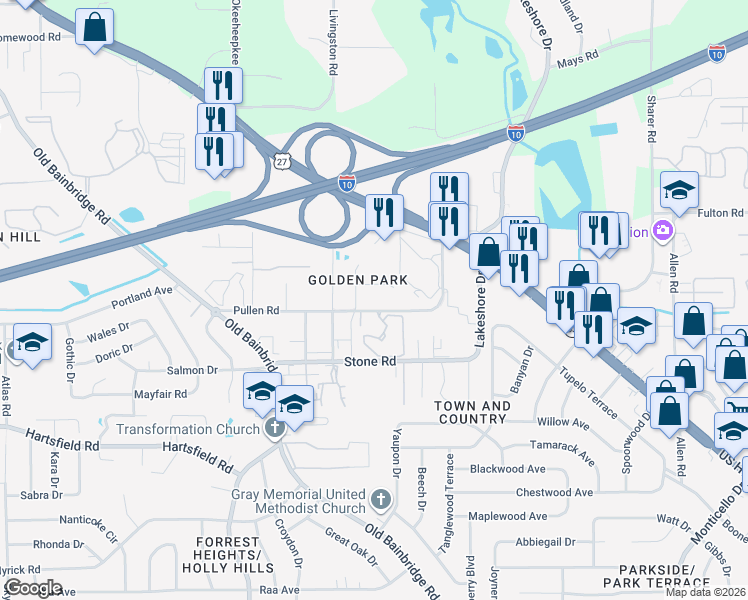 map of restaurants, bars, coffee shops, grocery stores, and more near 1408 Pullen Road in Tallahassee