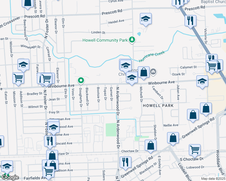 map of restaurants, bars, coffee shops, grocery stores, and more near 3234 Garnet Drive in Baton Rouge