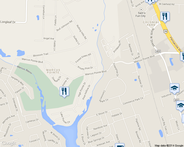 map of restaurants, bars, coffee shops, grocery stores, and more near Marcus Pointe Boulevard in Pensacola
