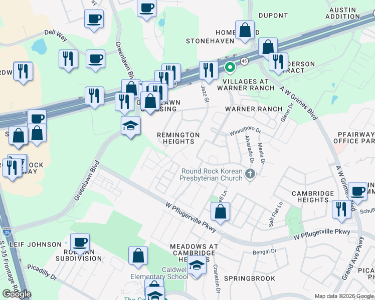 map of restaurants, bars, coffee shops, grocery stores, and more near 3147 Jazz Street in Round Rock