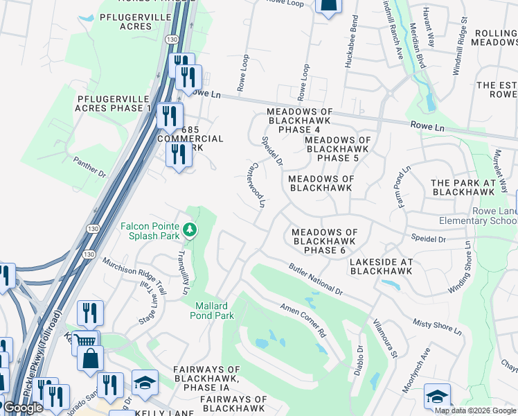 map of restaurants, bars, coffee shops, grocery stores, and more near 19908 Canterwood Lane in Pflugerville