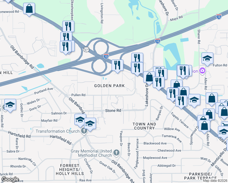 map of restaurants, bars, coffee shops, grocery stores, and more near 2513 Golden Park Lane in Tallahassee