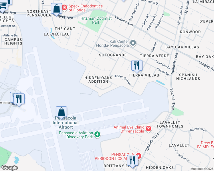 map of restaurants, bars, coffee shops, grocery stores, and more near 4041 Leesway Circle in Pensacola