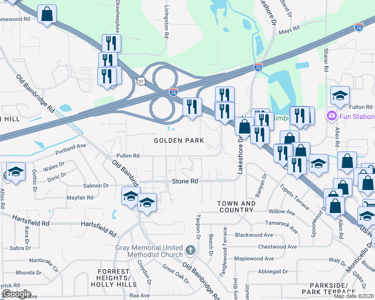 map of restaurants, bars, coffee shops, grocery stores, and more near 1408 Pullen Road in Tallahassee