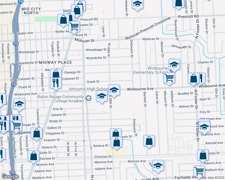 map of restaurants, bars, coffee shops, grocery stores, and more near 3730 Winbourne Avenue in Baton Rouge