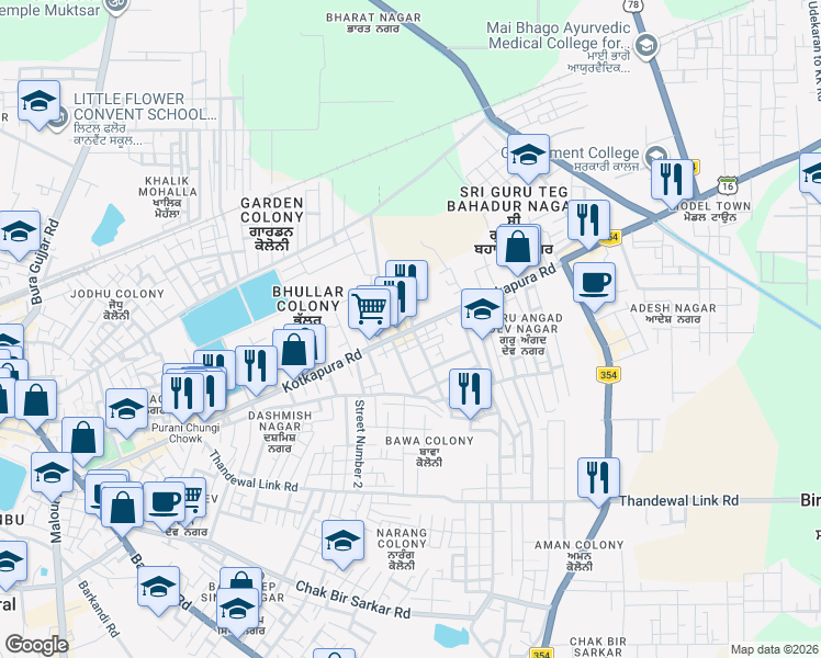 map of restaurants, bars, coffee shops, grocery stores, and more near 414 Kotkapura Road in Sri Muktsar Sahib