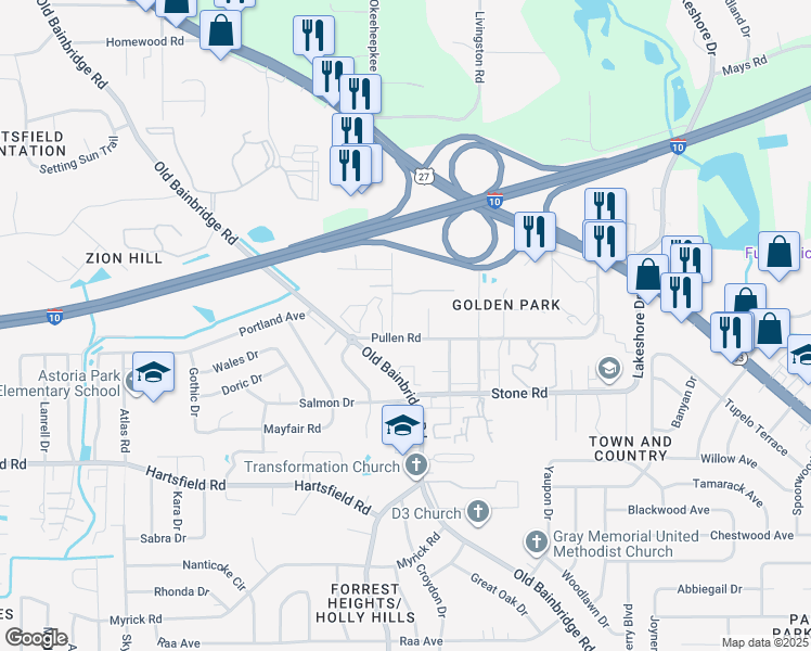 map of restaurants, bars, coffee shops, grocery stores, and more near 1540 Pullen Road in Tallahassee