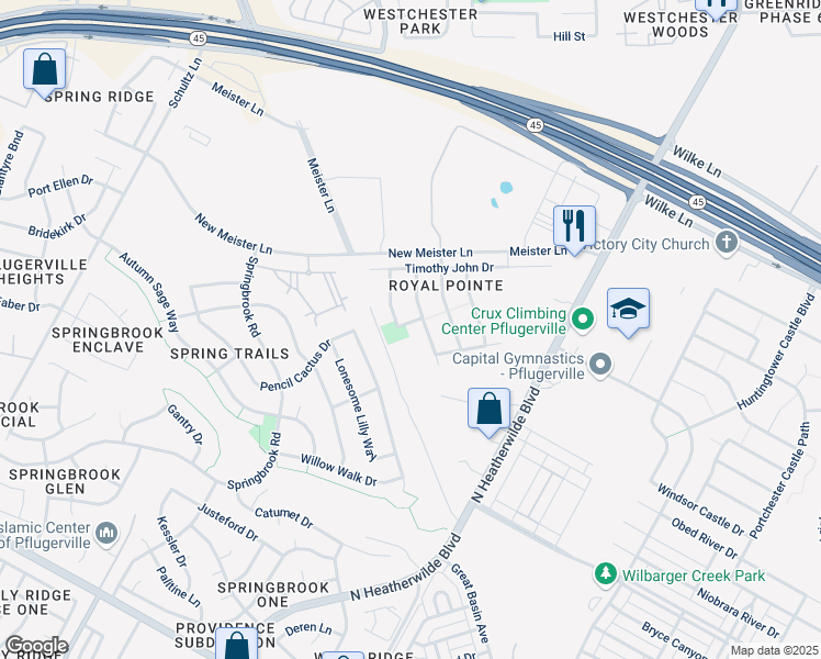 map of restaurants, bars, coffee shops, grocery stores, and more near 18708 Candace Loop in Pflugerville