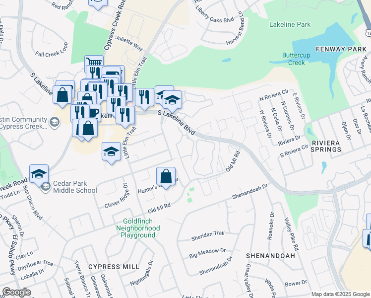 map of restaurants, bars, coffee shops, grocery stores, and more near 2101 South Lakeline Boulevard in Cedar Park