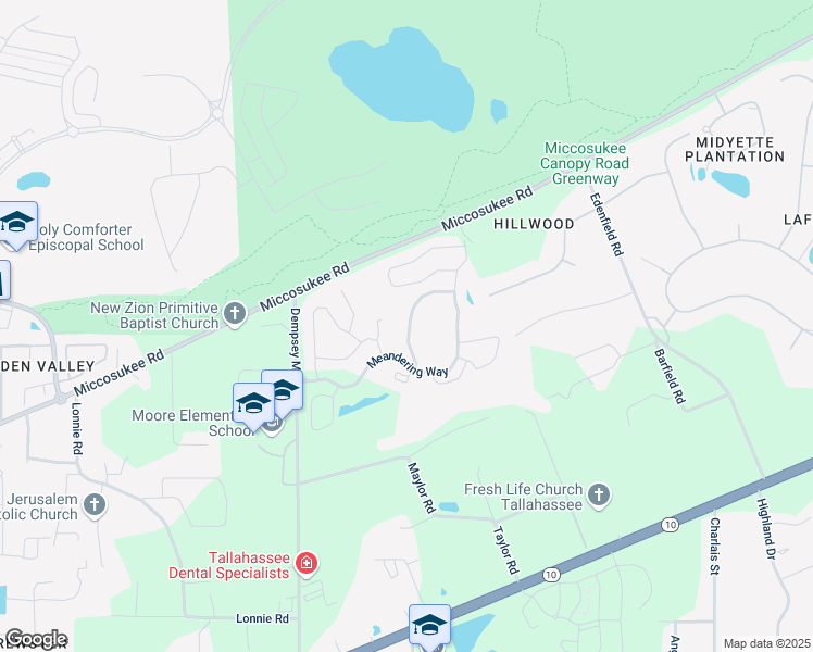 map of restaurants, bars, coffee shops, grocery stores, and more near 4436 Meandering Way in Tallahassee