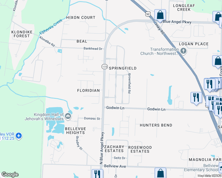 map of restaurants, bars, coffee shops, grocery stores, and more near 1116 Burnhill Circle in Pensacola