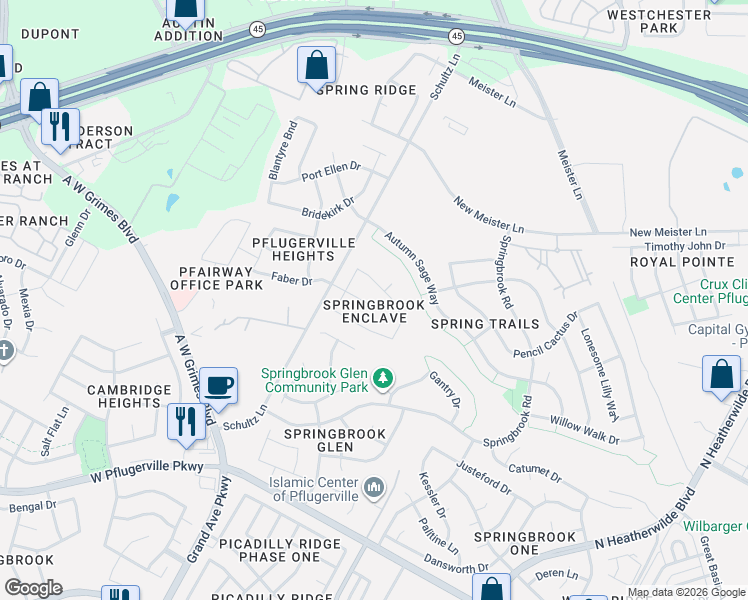 map of restaurants, bars, coffee shops, grocery stores, and more near 1212 Faber Drive in Pflugerville