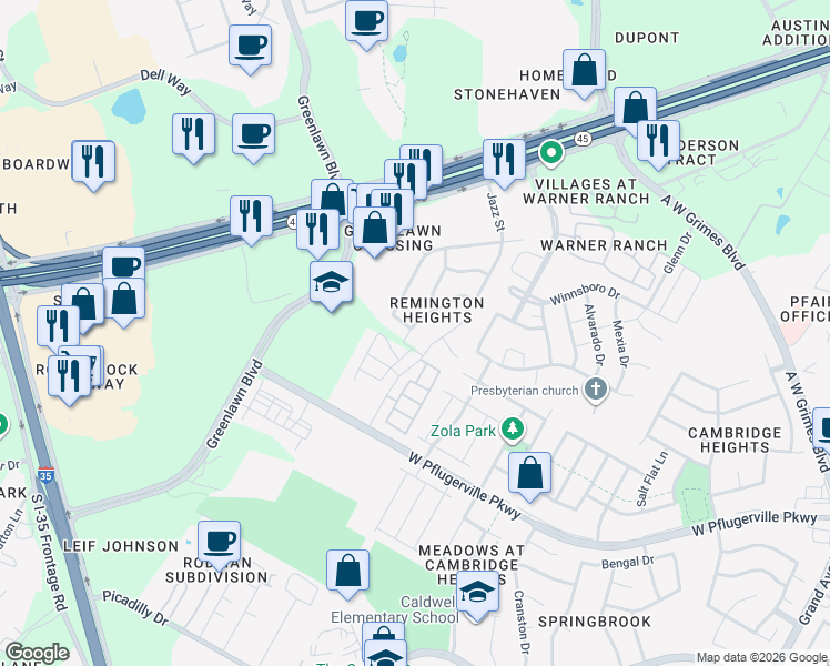 map of restaurants, bars, coffee shops, grocery stores, and more near 1729 Zydeco Drive in Round Rock