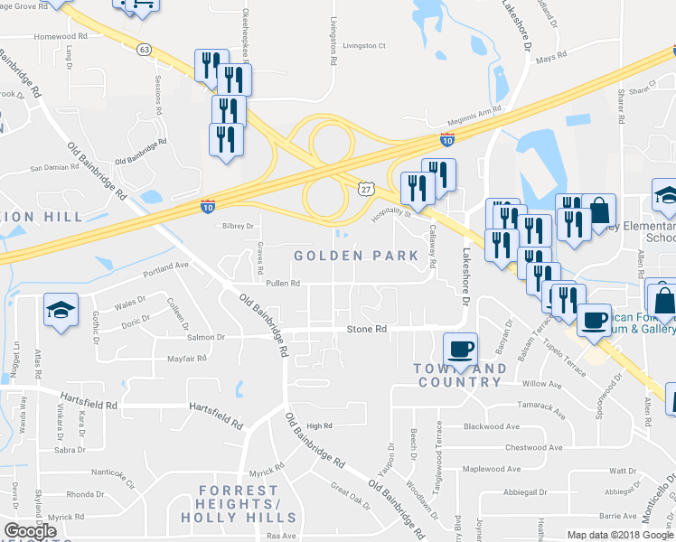map of restaurants, bars, coffee shops, grocery stores, and more near 2511 Fred Smith Road in Tallahassee