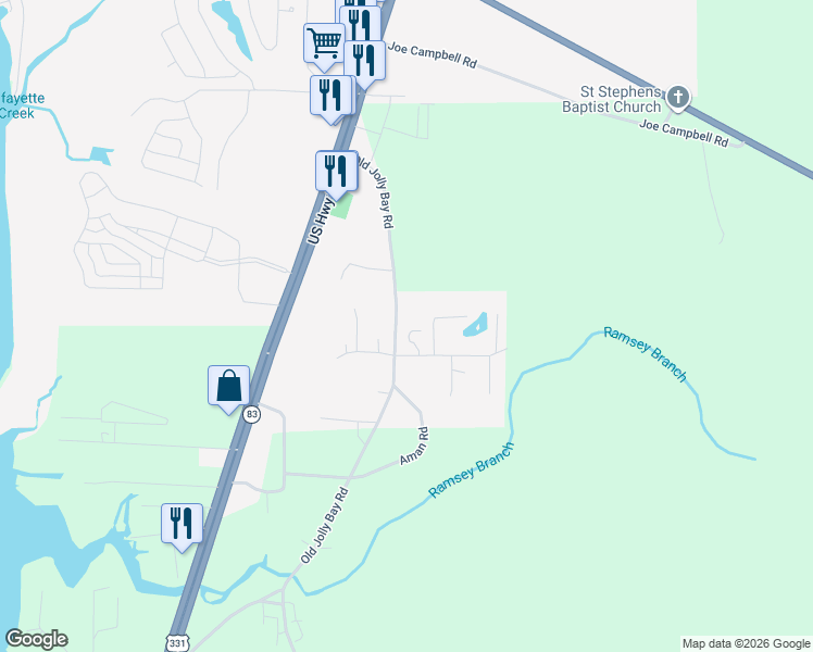 map of restaurants, bars, coffee shops, grocery stores, and more near 553 Old Jolly Bay Road in Freeport