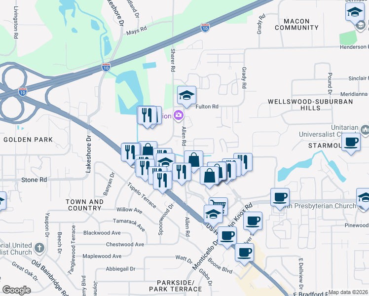 map of restaurants, bars, coffee shops, grocery stores, and more near 2709 Allen Rd in Tallahassee