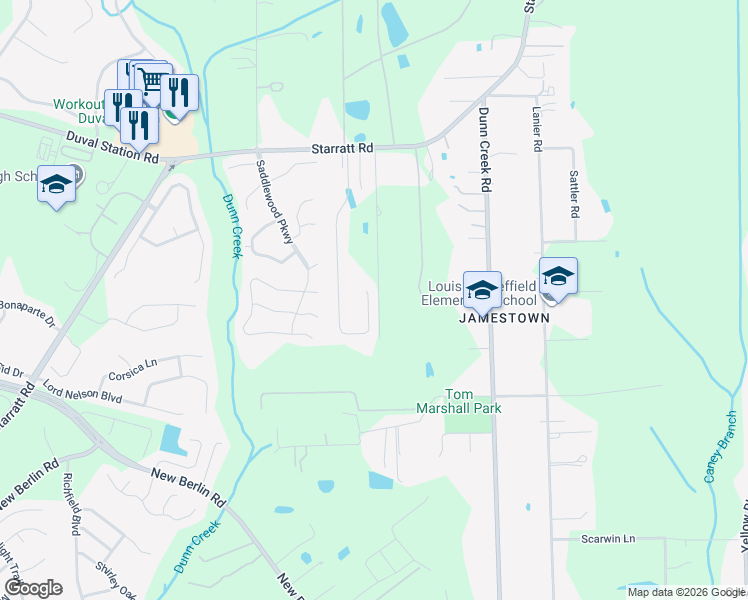 map of restaurants, bars, coffee shops, grocery stores, and more near 13250 Avery Park Lane in Jacksonville