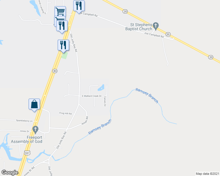 map of restaurants, bars, coffee shops, grocery stores, and more near 316 East Mallard Creek Drive in Freeport