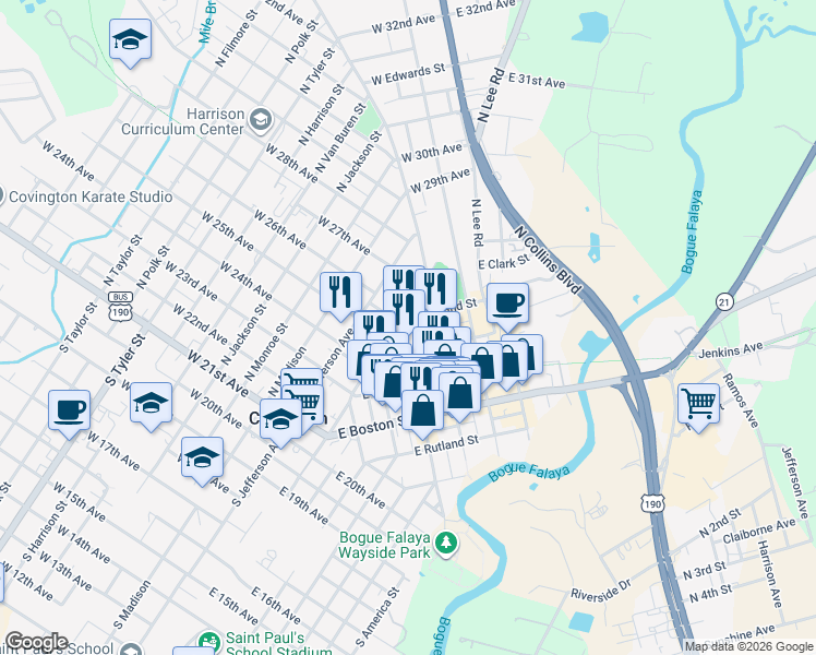 map of restaurants, bars, coffee shops, grocery stores, and more near 522 North New Hampshire Street in Covington
