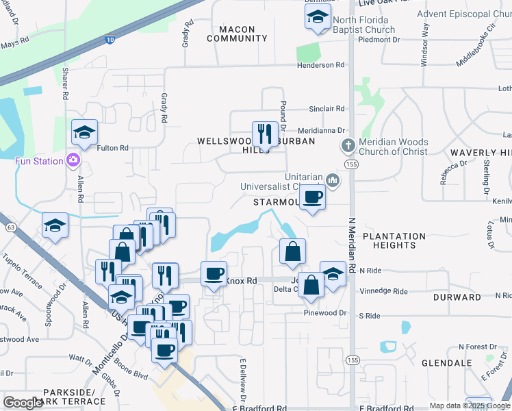 map of restaurants, bars, coffee shops, grocery stores, and more near 269 Starmount Drive in Tallahassee