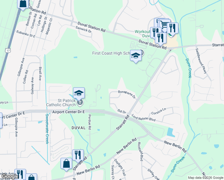 map of restaurants, bars, coffee shops, grocery stores, and more near 629 Bonaparte Drive in Jacksonville