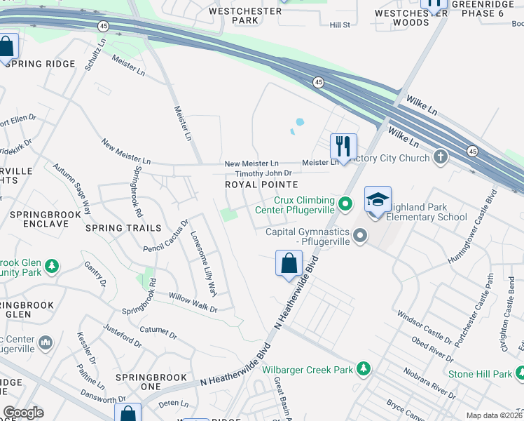 map of restaurants, bars, coffee shops, grocery stores, and more near 18616 Royal Pointe Drive in Pflugerville