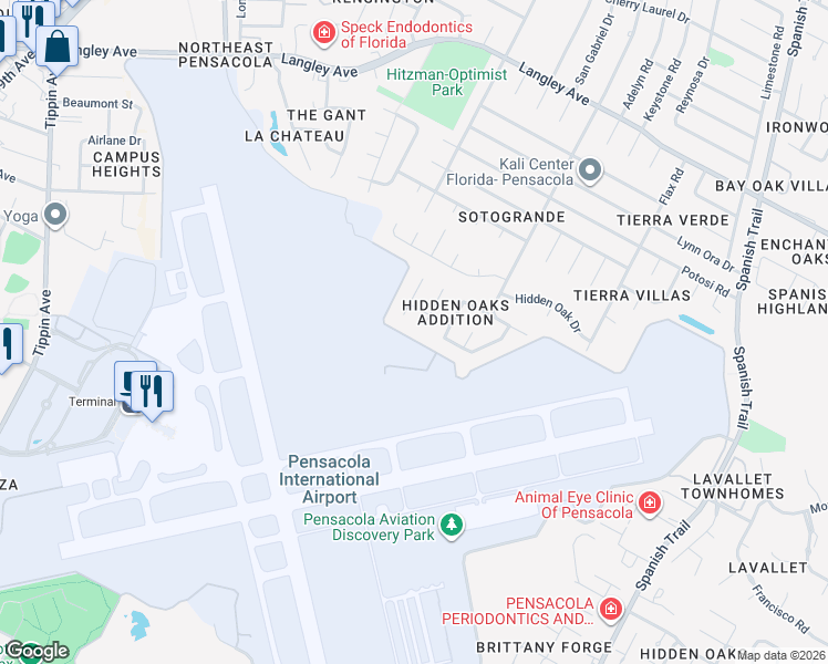 map of restaurants, bars, coffee shops, grocery stores, and more near 5041 Yesteroaks Circle in Pensacola