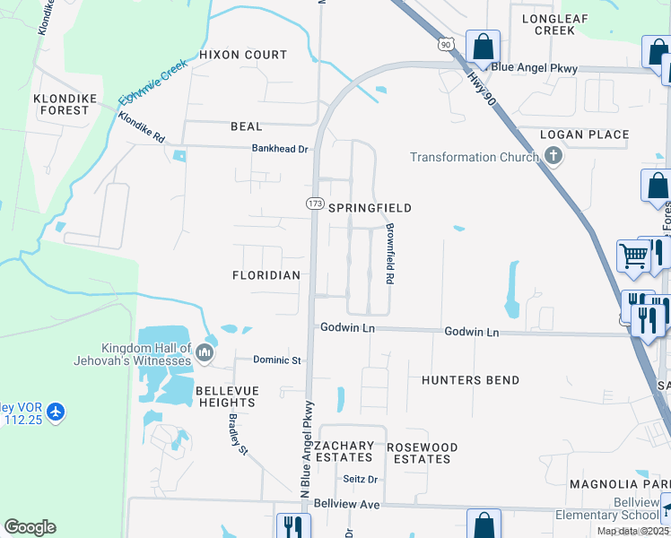 map of restaurants, bars, coffee shops, grocery stores, and more near 1116 Burnhill Circle in Pensacola