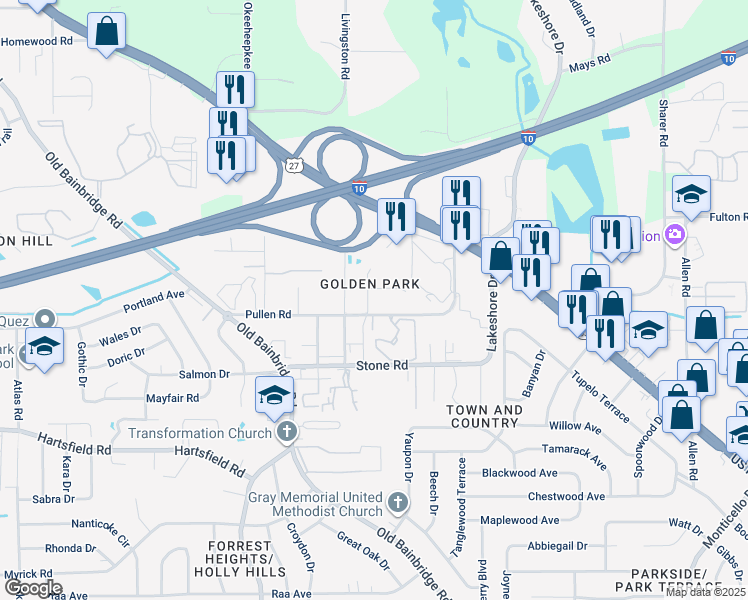 map of restaurants, bars, coffee shops, grocery stores, and more near 2513 Golden Park Lane in Tallahassee
