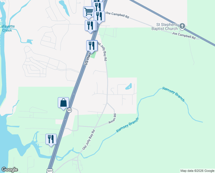map of restaurants, bars, coffee shops, grocery stores, and more near 553 Old Jolly Bay Road in Freeport