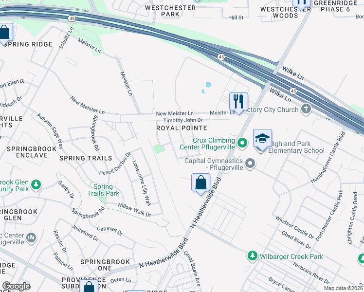 map of restaurants, bars, coffee shops, grocery stores, and more near 18616 Royal Pointe Drive in Pflugerville