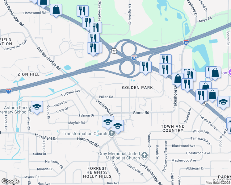 map of restaurants, bars, coffee shops, grocery stores, and more near 1520 Pullen Road in Tallahassee